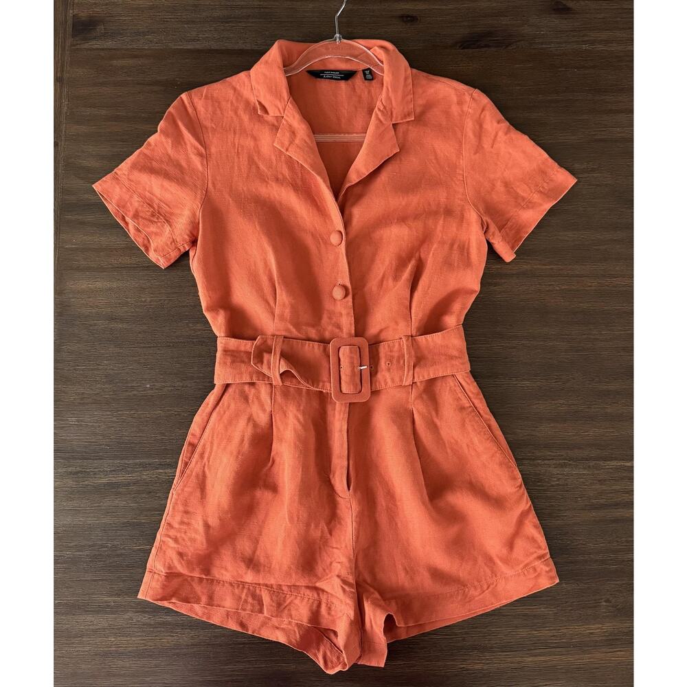 Burnt Orange Linen Romper Womens 2 Short Sleeve Belted Collared & Other Stories